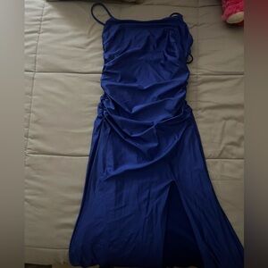 Metallic blue mermaid spaghetti straps, backless long prom dress with slit